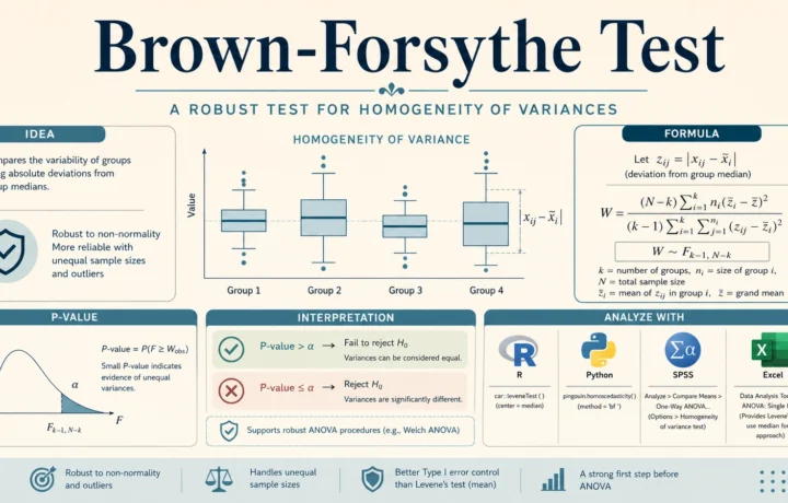 Brown Forsythe Test guide with formula, p-value interpretation, homogeneity of variance, R, Python, SPSS and Excel analysis