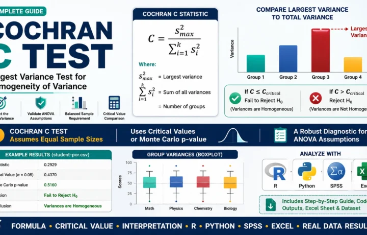 Cochran C Test guide with largest variance formula, critical value interpretation, Monte Carlo p-value, R, Python, SPSS and Excel analysis