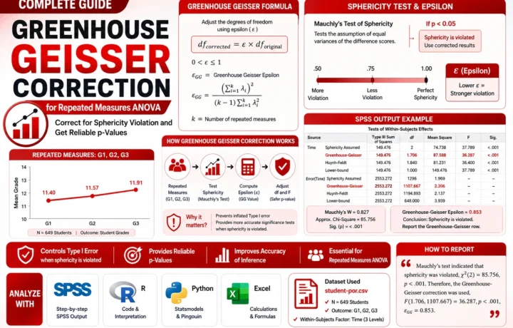 Greenhouse Geisser Correction repeated measures ANOVA guide with Mauchly’s test, epsilon, adjusted degrees of freedom, SPSS, R, Python and Excel workflow