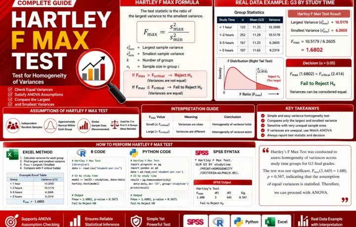 Hartley F Max Test tutorial with variance comparison, Fmax formula, homogeneity of variance interpretation, Excel, R, Python and SPSS workflow