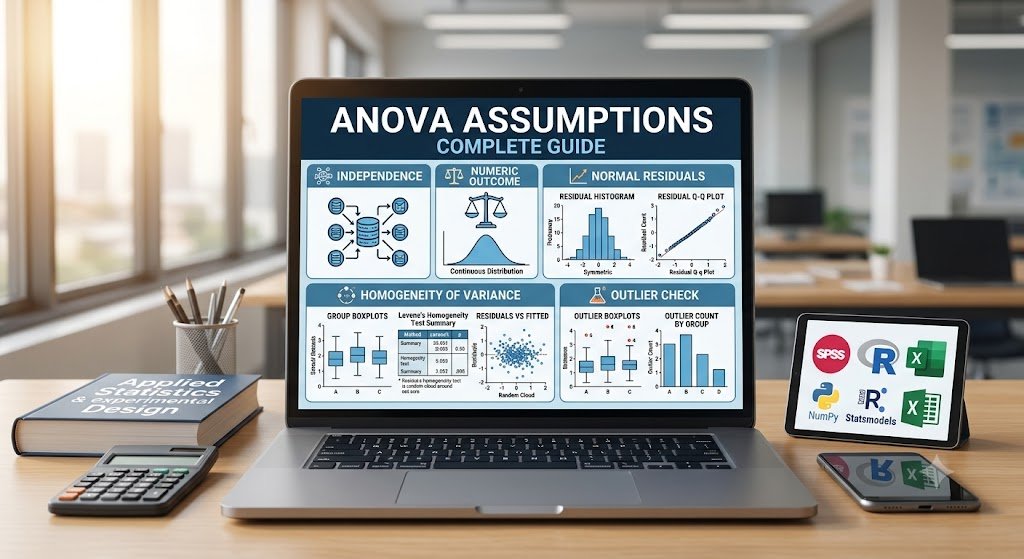 ANOVA Assumptions: Normality, Homogeneity, Independence, Outliers, SPSS, R, Python and Excel Guide