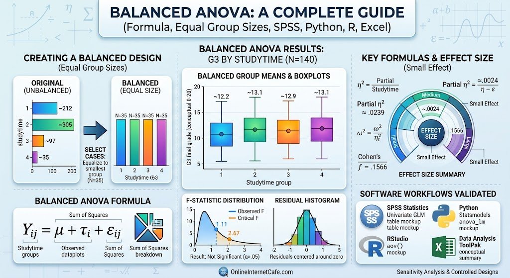 Balanced ANOVA: Formula, Equal Group Sizes, SPSS, Python, R and Excel Guide