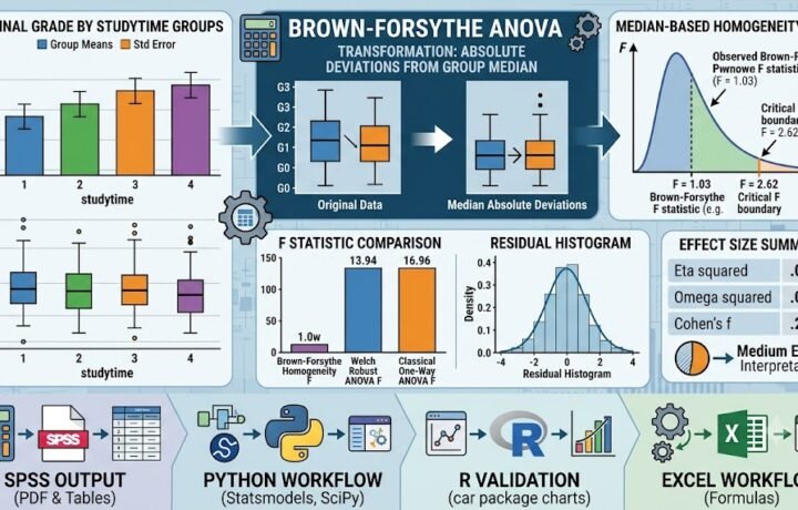 Brown Forsythe ANOVA: Formula, Robust ANOVA, Homogeneity Test, SPSS, Python, R and Excel Guide guide image