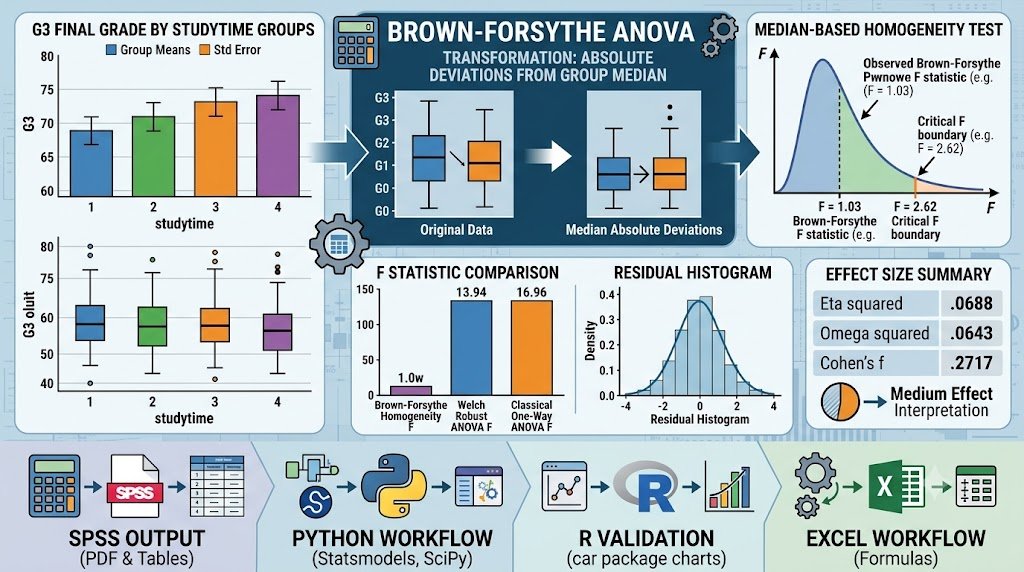 Brown Forsythe ANOVA: Formula, Robust ANOVA, Homogeneity Test, SPSS, Python, R and Excel Guide