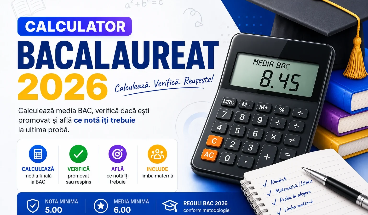 Calculator Bacalaureat 2026 online pentru calcularea mediei BAC, verificarea rezultatului promovat sau respins și aflarea notei necesare la examen.