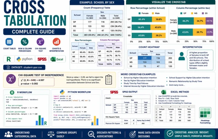 Cross Tabulation guide with R, Python, SPSS and Excel crosstab tables, row percentages, column percentages and chi-square test