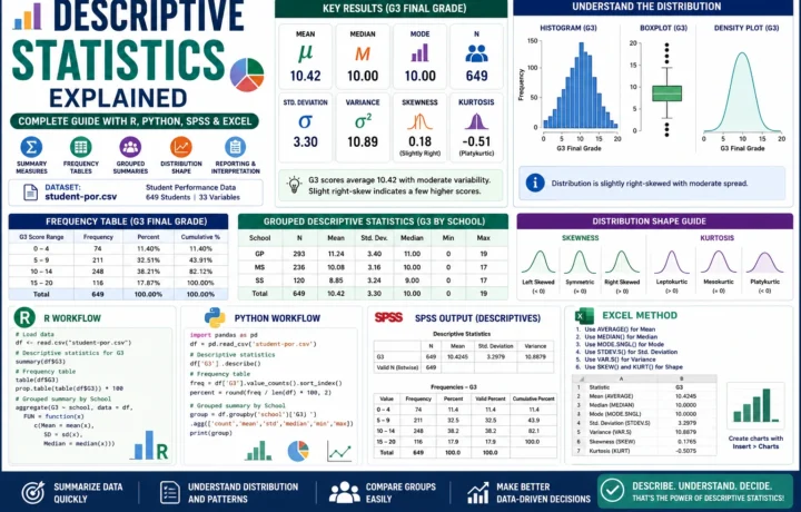 Descriptive Statistics Explained with mean, median, standard deviation, variance, frequency tables, distribution charts, R, Python, SPSS and Excel workflow