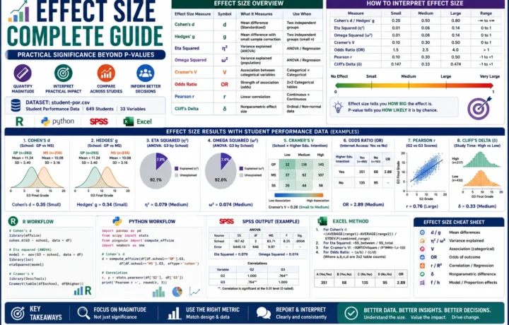 Effect Size guide with Cohen's d, Hedges' g, eta squared, omega squared, Cramer's V, odds ratio, Pearson r and Cliff's delta