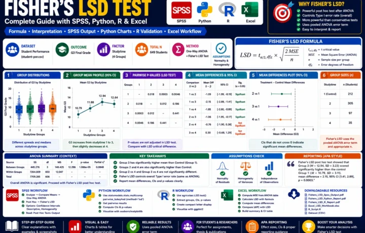 Fishers LSD Test: Formula, Interpretation, SPSS, Python, R and Excel Guide guide image