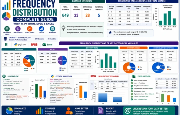Frequency Distribution complete guide showing frequency tables, percentages, cumulative frequency, bar charts, grouped student data analysis, R, Python, SPSS and Excel workflow