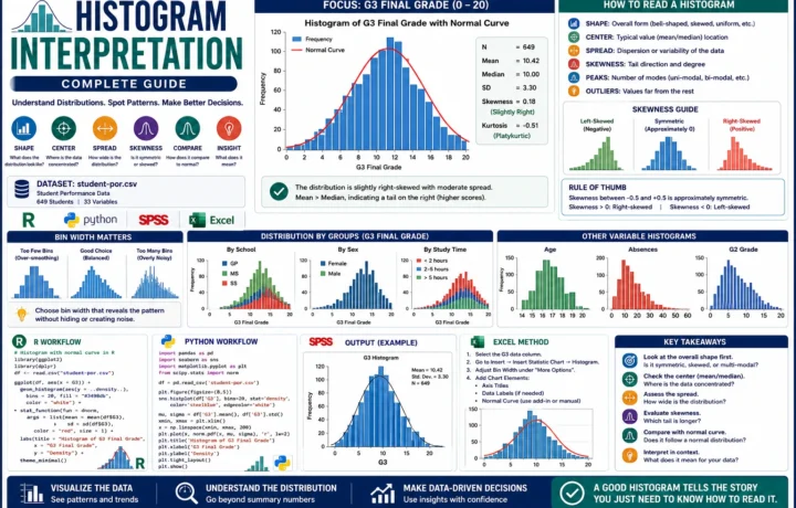 Histogram Interpretation guide showing G3 final grade distribution with mean, median, skewness, normal curve, R, Python, SPSS and Excel workflow