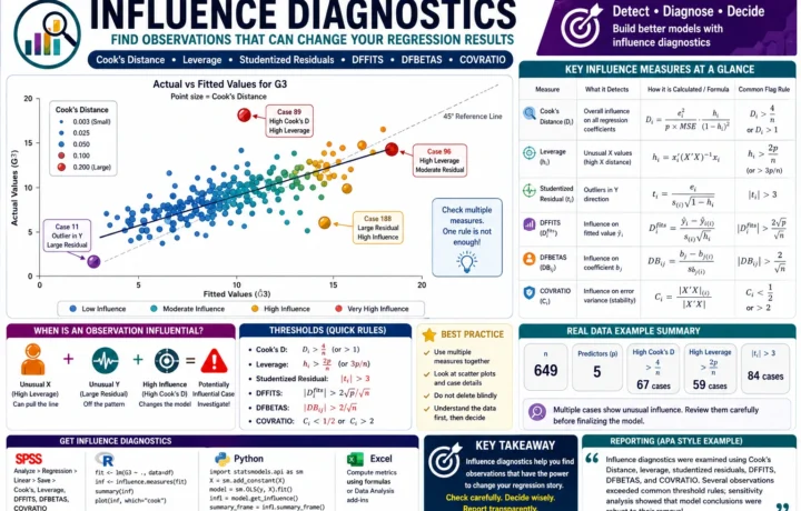 Influence Diagnostics regression guide showing Cook’s Distance, leverage, studentized residuals, DFFITS, DFBETAS, COVRATIO and influential cases