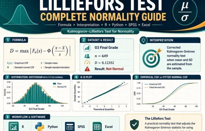 Lilliefors Test normality guide with formula, histogram, Q-Q plot, empirical CDF, fitted normal CDF, R, Python, SPSS and Excel workflow