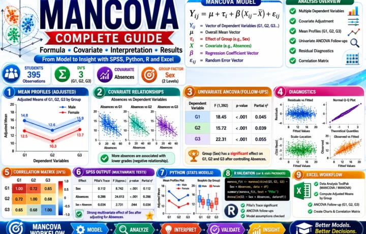 MANCOVA: Formula, Multivariate ANCOVA, Covariates, SPSS, Python, R and Excel Guide guide image