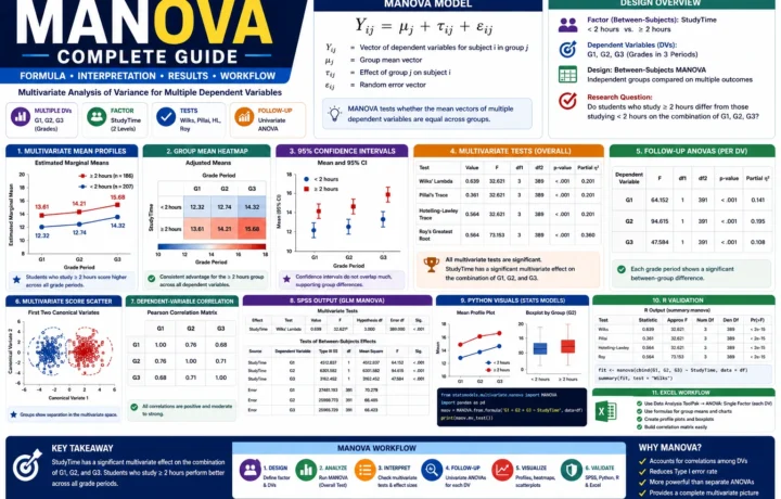 MANOVA: Formula, Multivariate ANOVA, SPSS, Python, R and Excel Guide guide image