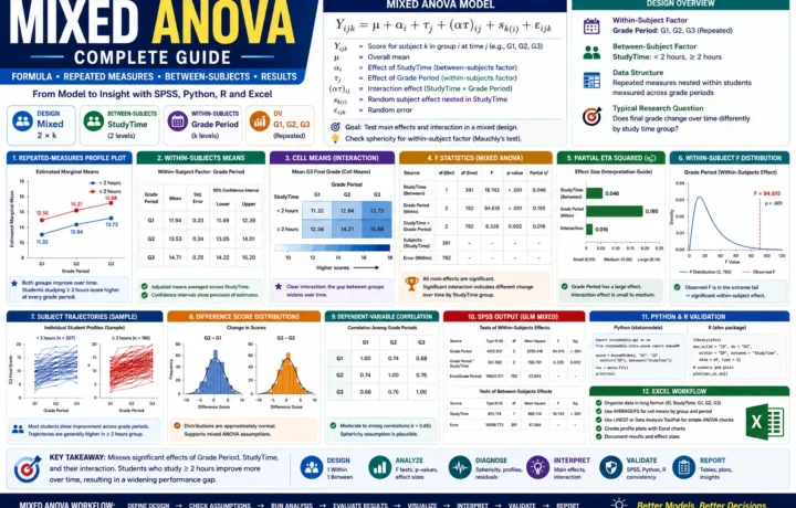 Mixed ANOVA: Formula, Repeated Measures, Between-Subjects Factor, SPSS, Python, R and Excel Guide guide image