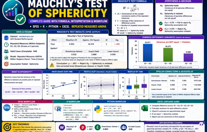Mauchly’s Test of Sphericity repeated measures ANOVA guide with formula, hypothesis decision, pairwise difference variances, epsilon corrections, SPSS, R, Python and Excel workflow