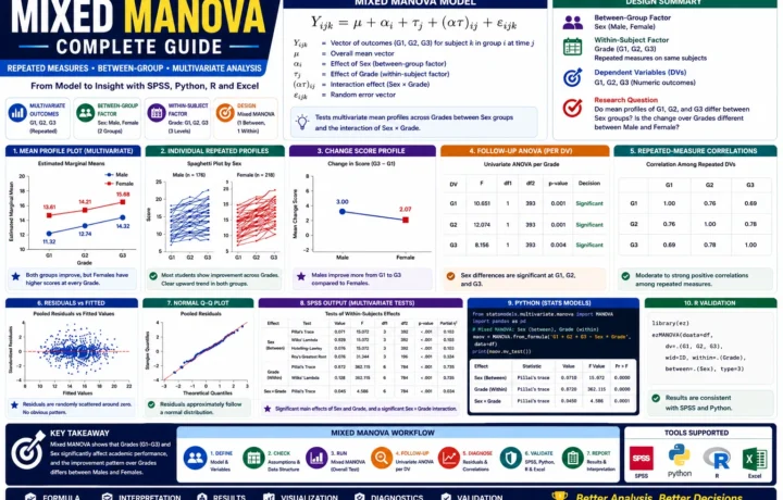 Mixed MANOVA: Formula, Repeated Measures, Multivariate Group Profiles, SPSS, Python, R and Excel Guide guide image