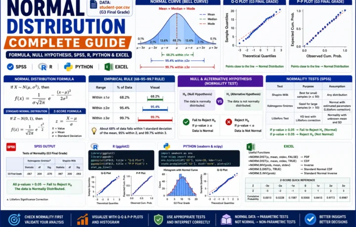 Normal distribution complete guide infographic showing bell curve, histogram, Q-Q plot, P-P plot, z-scores, empirical rule, normality test decision, and SPSS, R, Python, and Excel workflow for G3 final grade data.