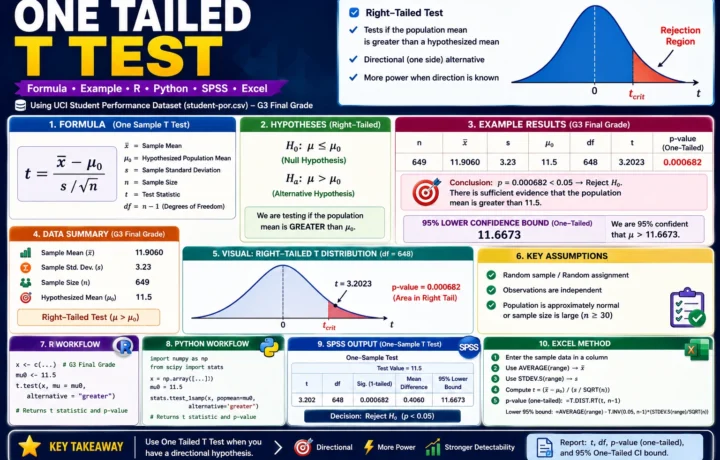 One Tailed T Test formula with right-tailed distribution, observed mean, hypothesized mean, t statistic, one-tailed p-value, R, Python, SPSS and Excel workflow