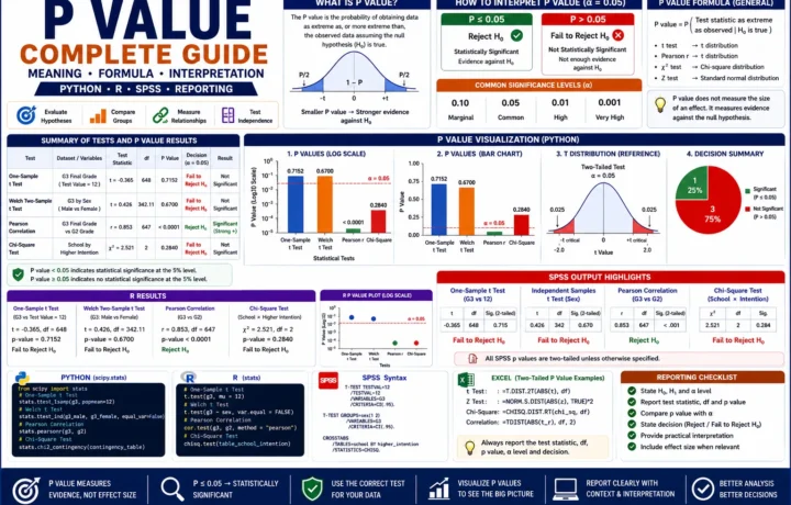 P Value complete guide infographic showing p-value meaning, alpha 0.05 decision rule, t test, Pearson correlation, chi-square test, SPSS output, Python, R, and Excel workflow.