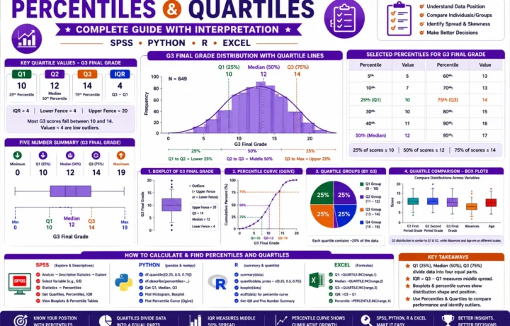 Percentiles and Quartiles complete guide infographic showing Q1, median, Q3, IQR, G3 final grade distribution, percentile table, boxplot, percentile curve, and SPSS, Python, R, and Excel workflow.