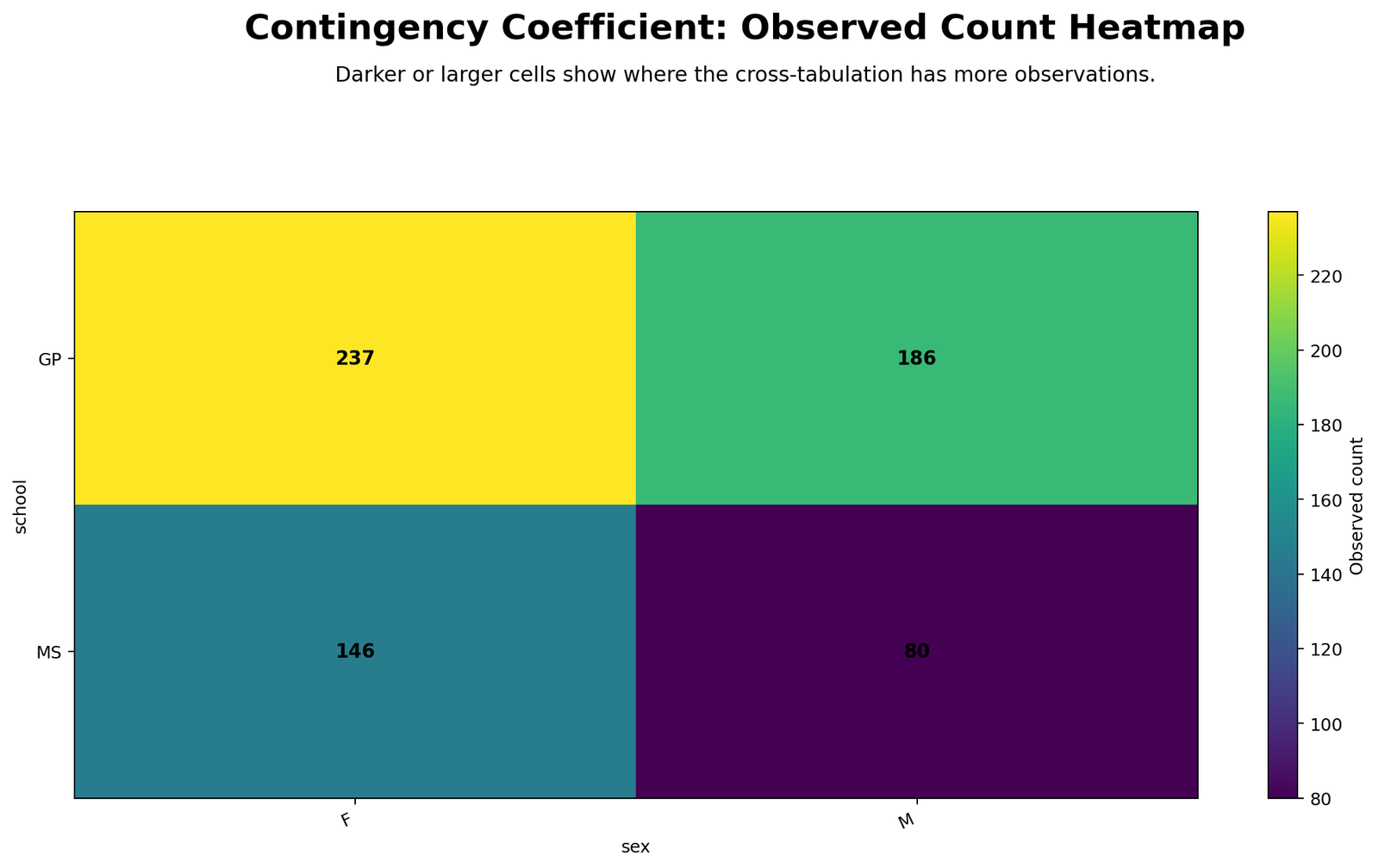 Contingency Coefficient Observed Count Heatmap Python Chart Python observed count heatmap for Contingency Coefficient showing GP F 237 GP M 186 MS F 146 MS M 80