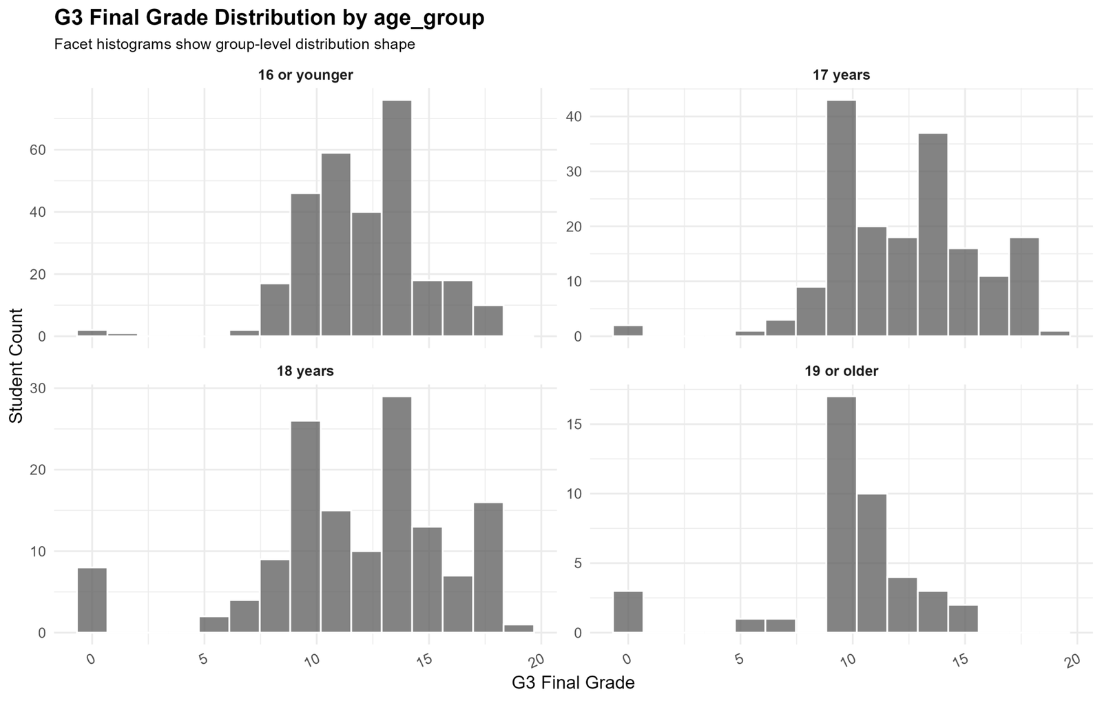Histogram of G3 final grades by age group for Lilliefors Test