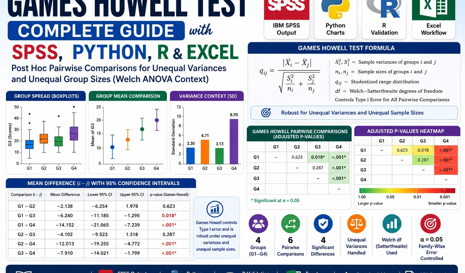Games Howell Test: Formula, Interpretation, SPSS, Python, R and Excel Guide