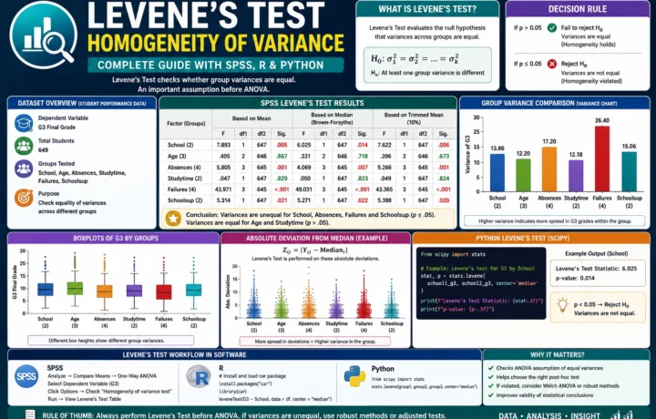 Levene’s Test homogeneity of variance output with SPSS, R, Python, boxplots, variance charts and absolute deviation graphs