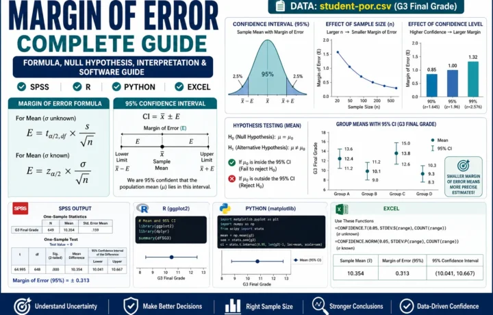 Margin of error complete guide infographic showing 95% confidence interval, sample mean, standard error, sample size effect, confidence level effect, hypothesis testing, and SPSS, R, Python, and Excel workflow.