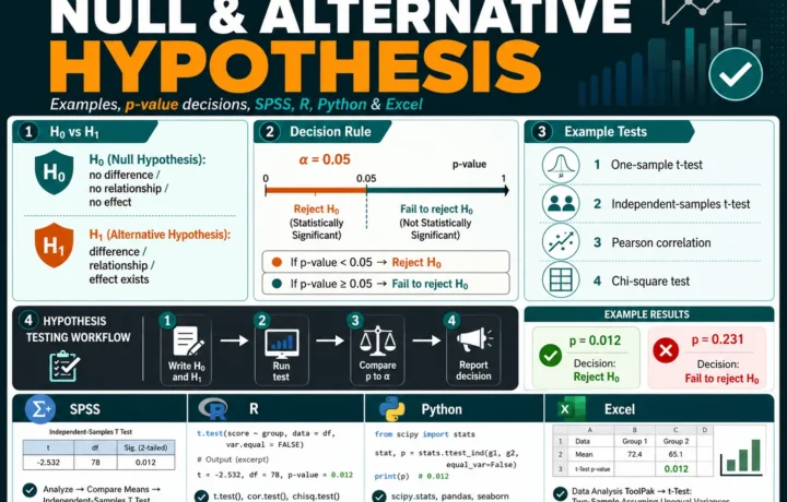 Null and alternative hypothesis infographic showing H0 vs H1, p-value decision rule, alpha 0.05, reject or fail to reject decision, example hypothesis tests, and SPSS, R, Python, and Excel workflow.