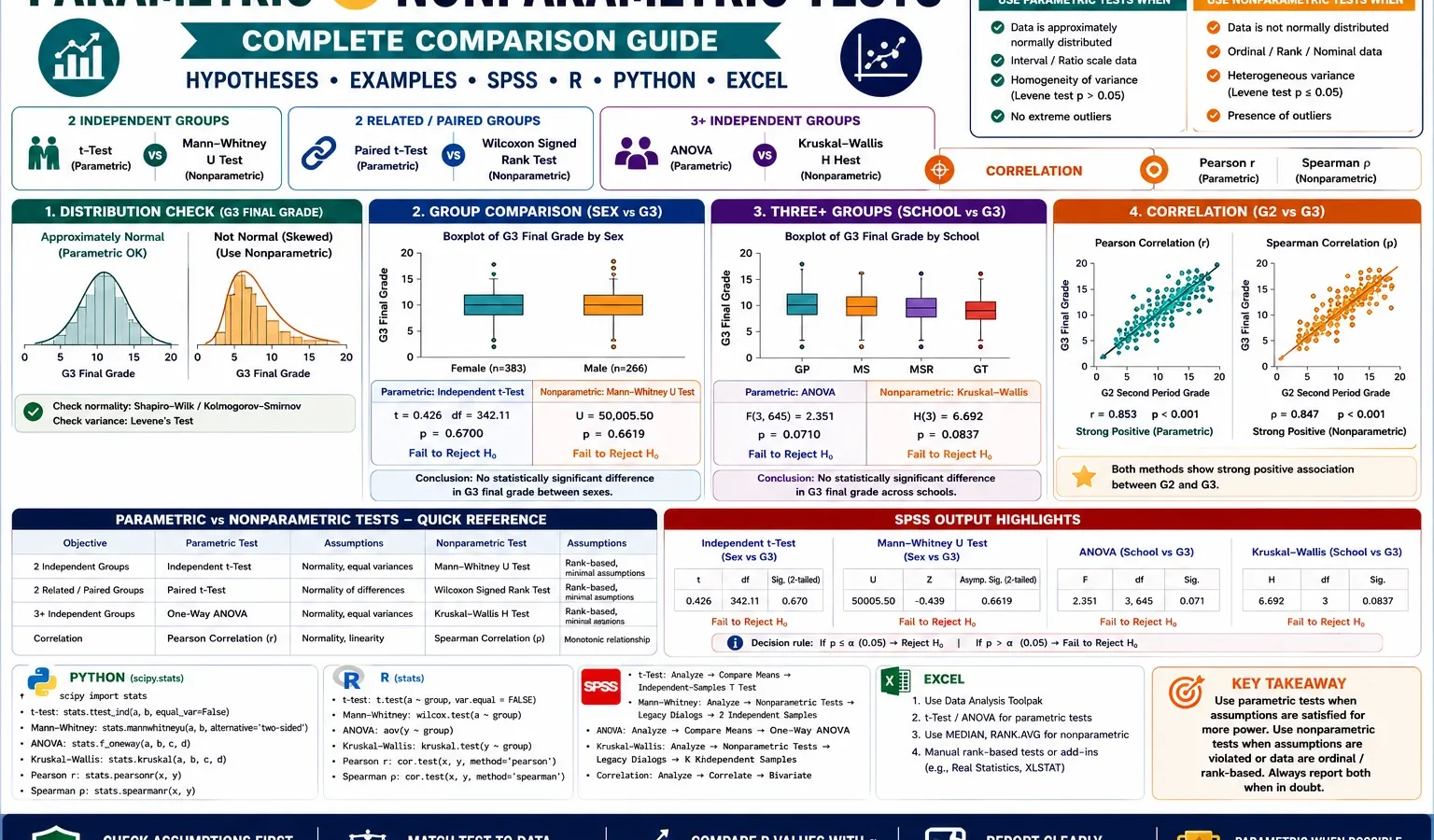 Parametric vs Nonparametric Tests complete guide infographic showing test selection, assumptions, t-test vs Mann-Whitney U, ANOVA vs Kruskal-Wallis, Pearson vs Spearman correlation, SPSS, R, Python, and Excel workflow.