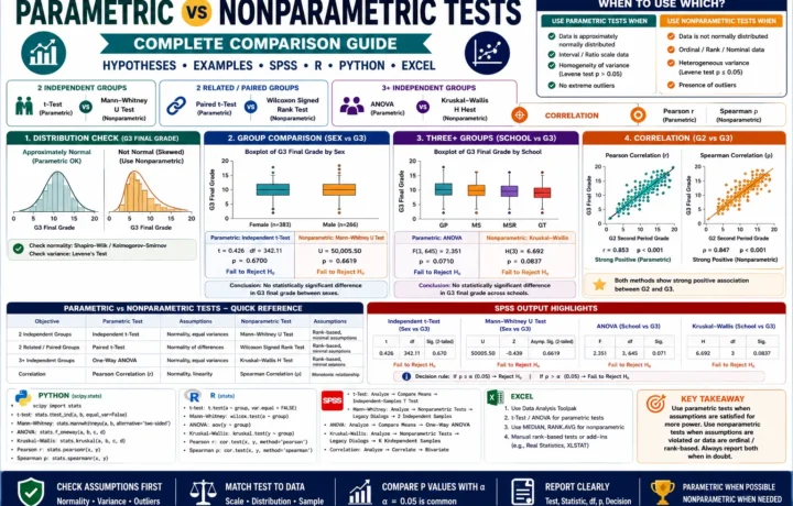Parametric vs Nonparametric Tests complete guide infographic showing test selection, assumptions, t-test vs Mann-Whitney U, ANOVA vs Kruskal-Wallis, Pearson vs Spearman correlation, SPSS, R, Python, and Excel workflow.