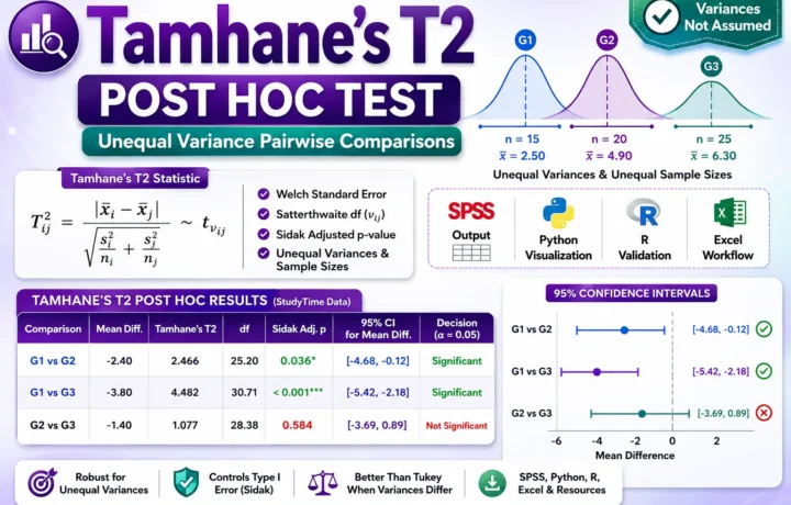 Tamhane’s T2 Test: Formula, SPSS, Python, R and Excel Post Hoc Guide guide image
