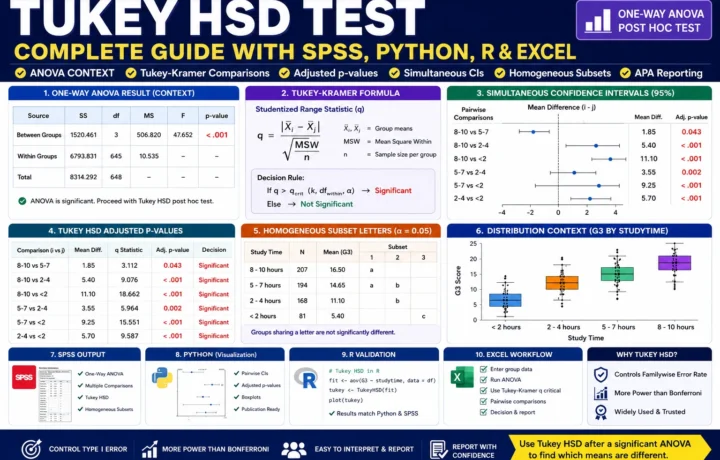 Tukey HSD Test: Formula, Interpretation, SPSS, Python, R and Excel Guide guide image