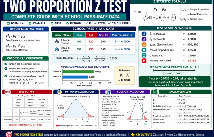 Two Proportion Z Test: Formula, Example, Calculator, SPSS, R, Python and Excel Guide guide image