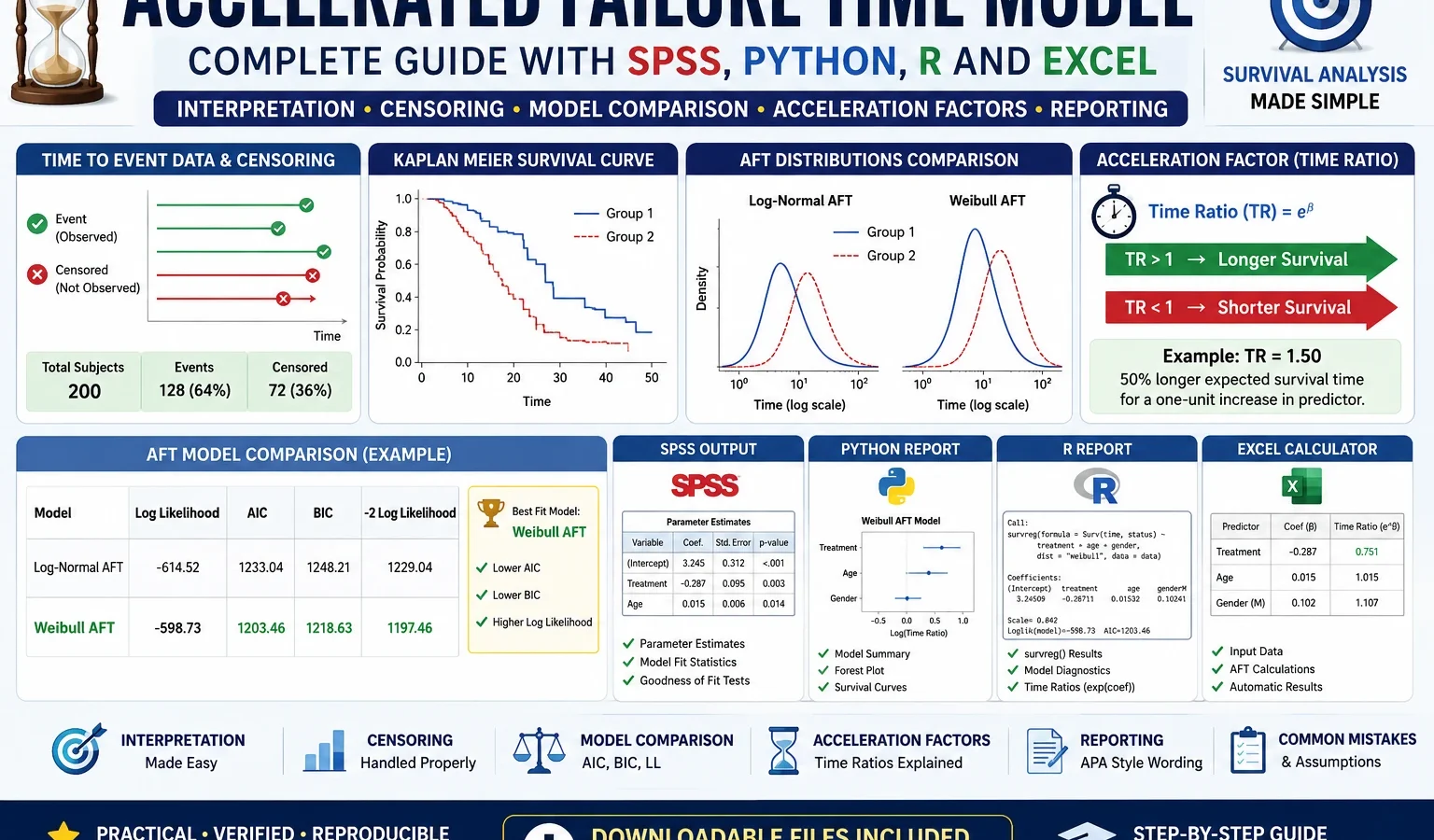 Accelerated Failure Time Model: Interpretation, SPSS, Python, R and Excel Guide