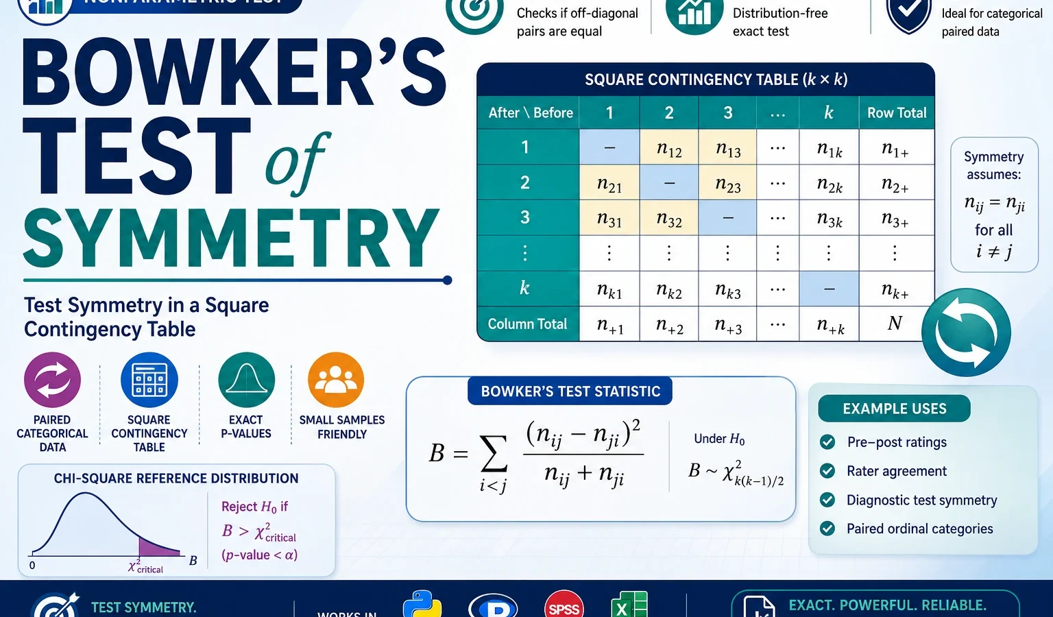Bowker’s Test of Symmetry: Formula, Calculator, Example, Python, R, SPSS and Excel Guide