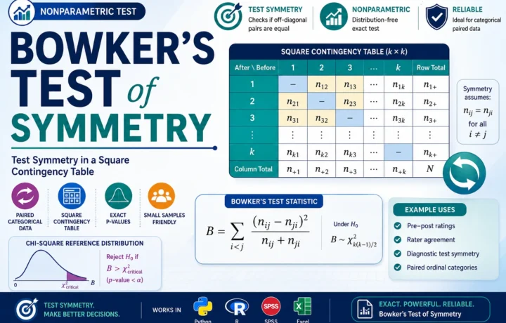Bowker’s Test of Symmetry: Formula, Calculator, Example, Python, R, SPSS and Excel Guide guide image