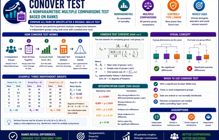 Conover Test: Formula, Interpretation, Python, R, SPSS and Excel Guide guide image