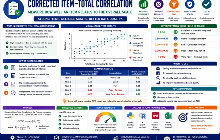 Corrected Item-Total Correlation: Formula, Interpretation, Cutoff, SPSS, Python, R and Excel Guide guide image