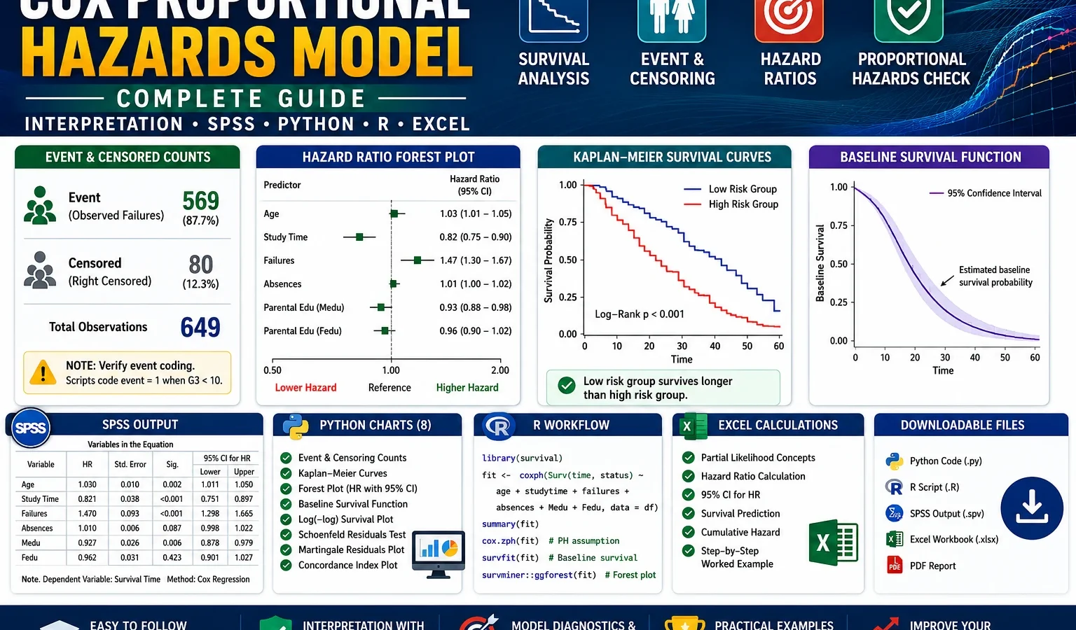 Cox Proportional Hazards Model: Interpretation, SPSS, Python, R and Excel Guide