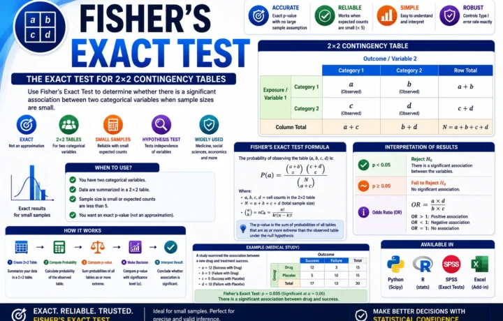 Fisher’s Exact Test: Formula, Calculator, Interpretation, Python, R, SPSS, SAS and Excel Guide guide image