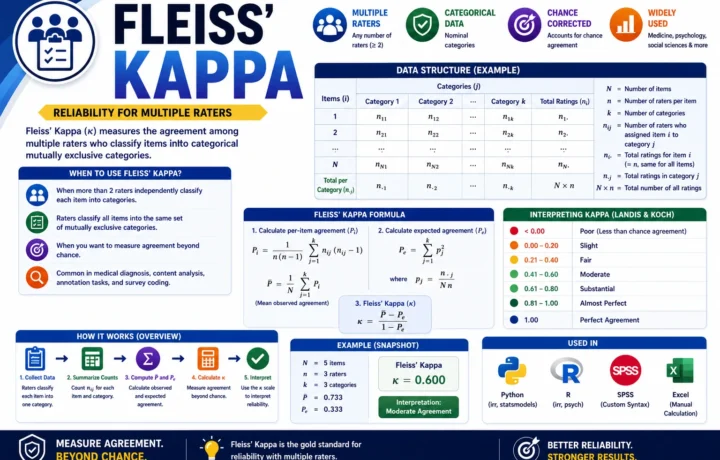 Fleiss Kappa: Formula, Calculator, Interpretation, Python, R, SPSS and Excel Guide guide image