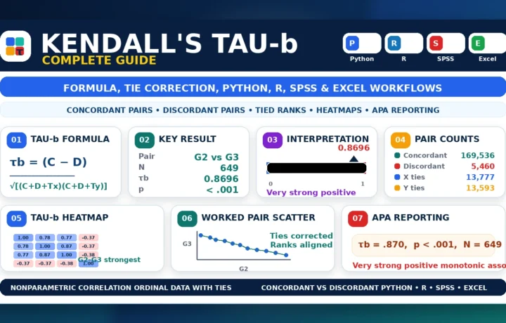 Kendall’s Tau-b: Formula, Interpretation, Python, R, SPSS and Excel Guide guide image