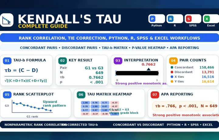 Kendall’s Tau: Formula, Interpretation, Python, R, SPSS and Excel Guide guide image