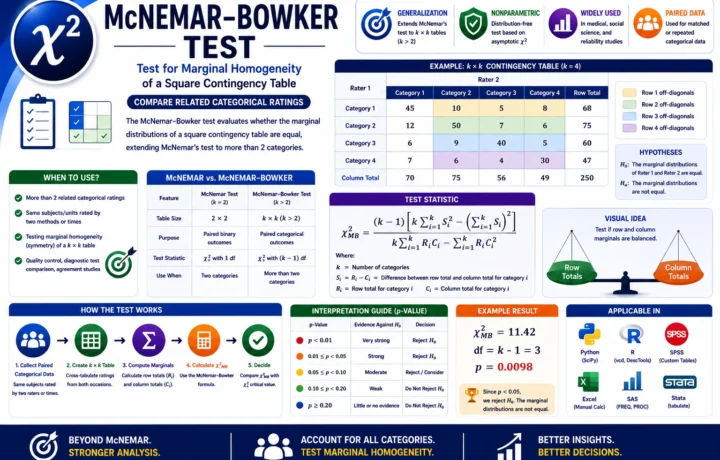 McNemar Bowker Test: Formula, Interpretation, Calculator, Python, R, SPSS and Excel Guide guide image