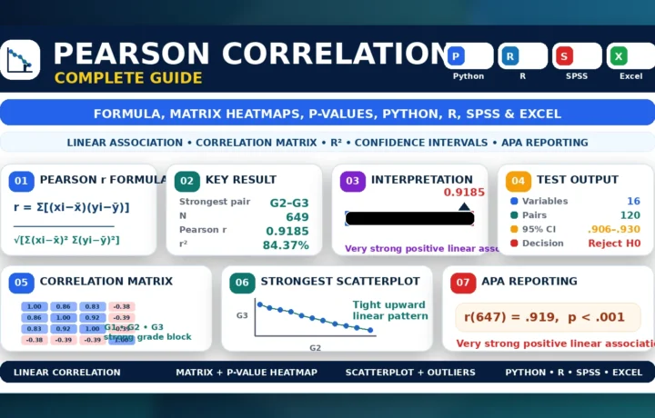 Pearson Correlation: Formula, Interpretation, Python, R, SPSS and Excel Guide guide image