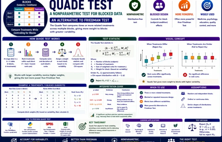 Quade Test: Formula, Interpretation, Python, R, SPSS and Excel Guide guide image